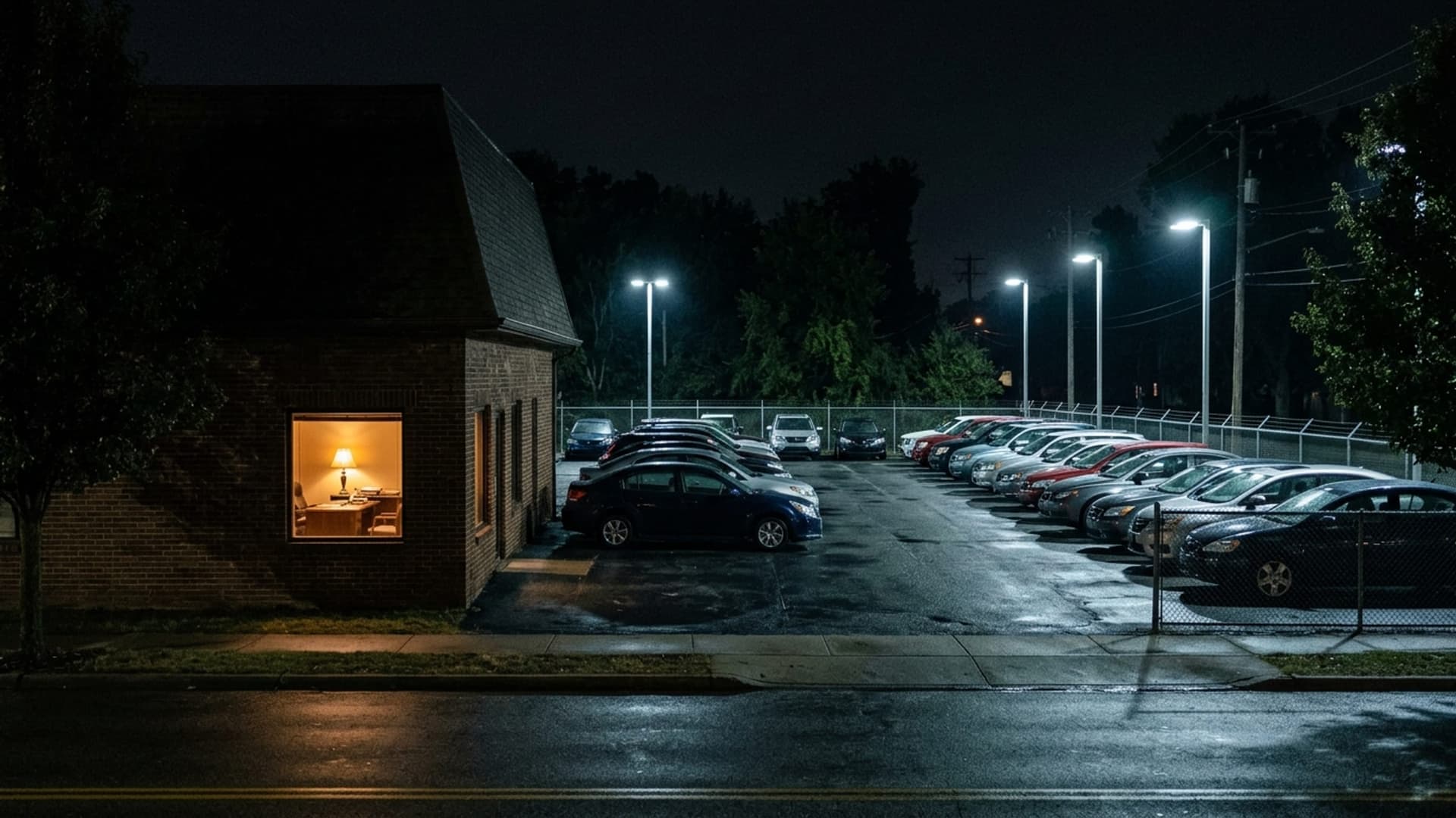 An independent dealership lot at night from across the street with one warm lamp glowing in the brick office window.