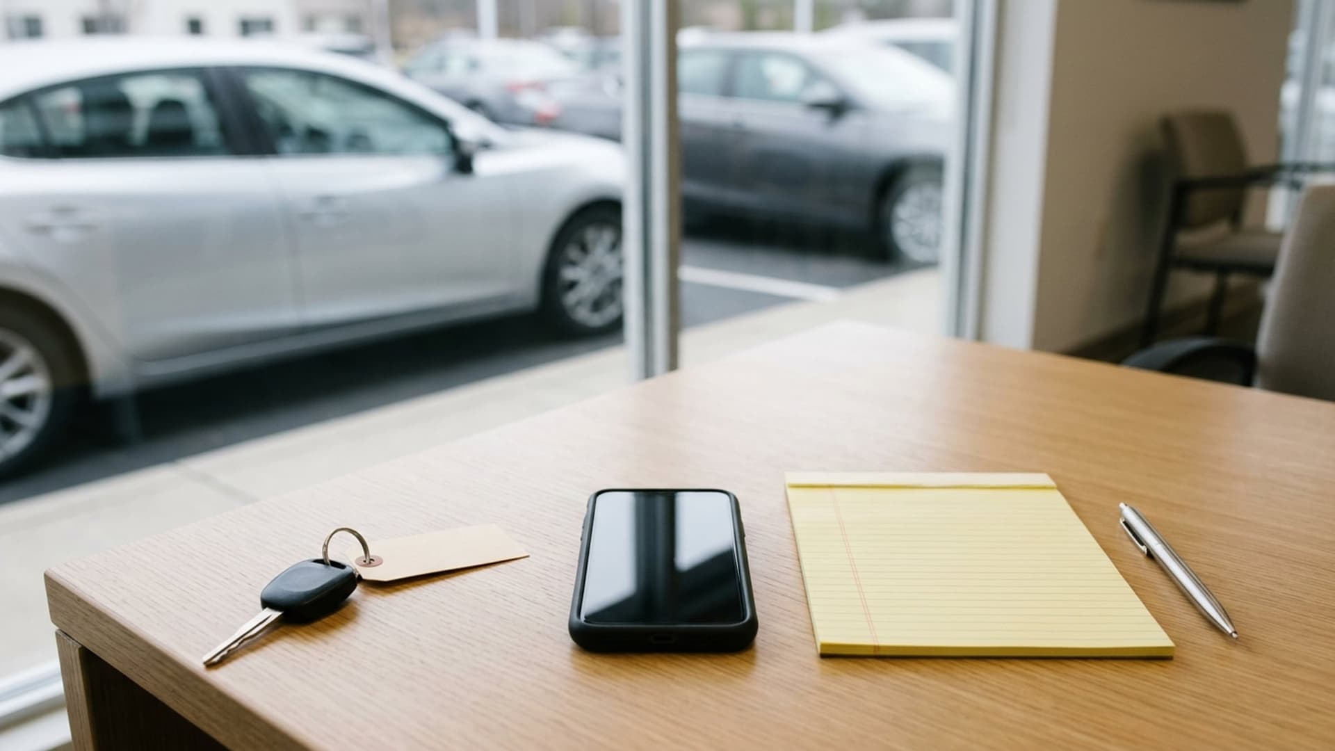 Car key with a blank tag, dark phone, and ruled notepad on an oak desk overlooking the lot.