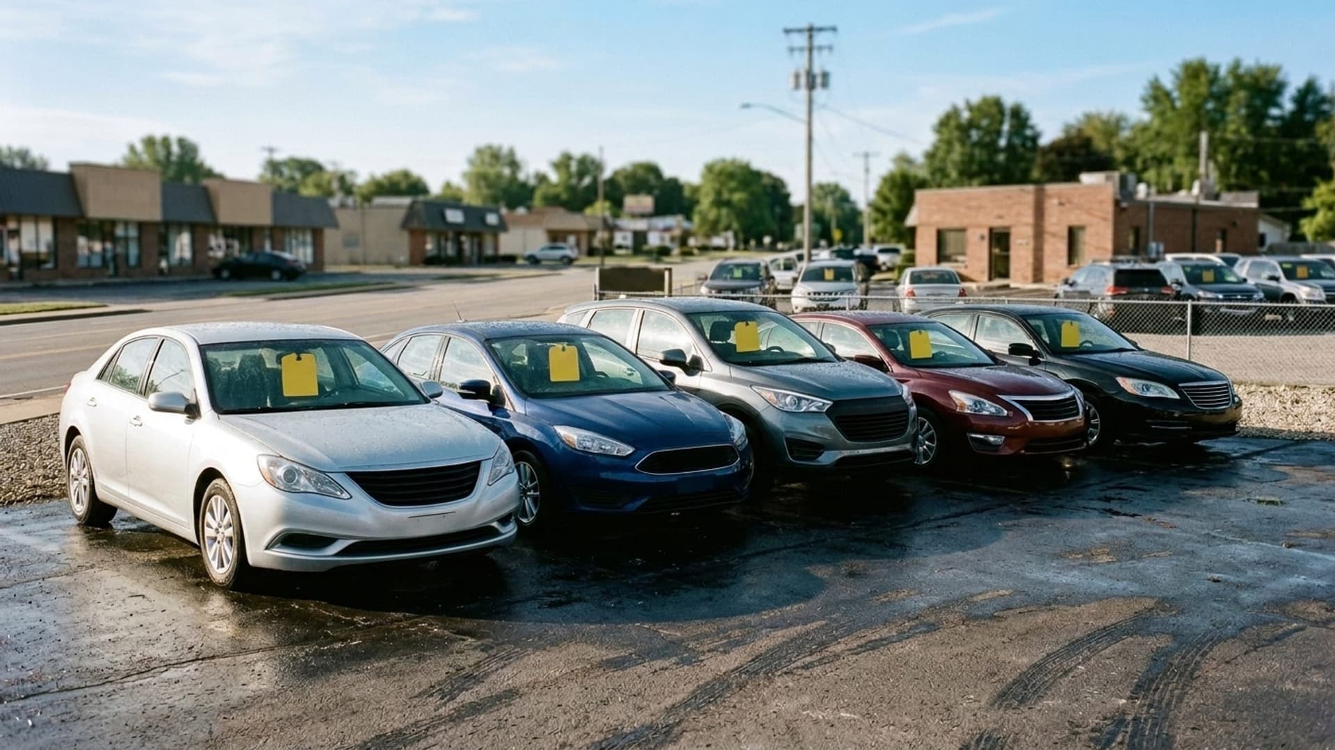 Five freshly washed sedans and SUVs with yellow windshield hang-tags lined up on wet asphalt in morning sunlight.
