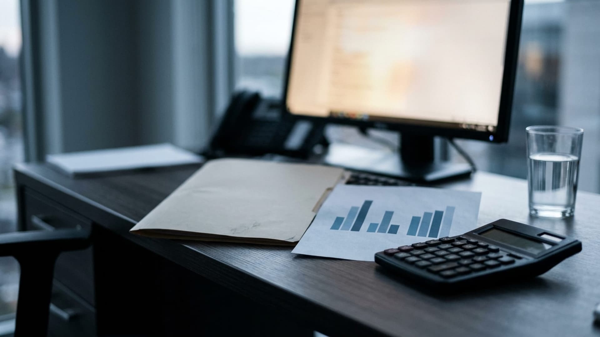 A quiet back-office desk with a manila folder, printed summary sheet, desktop calculator, and soft monitor glow.
