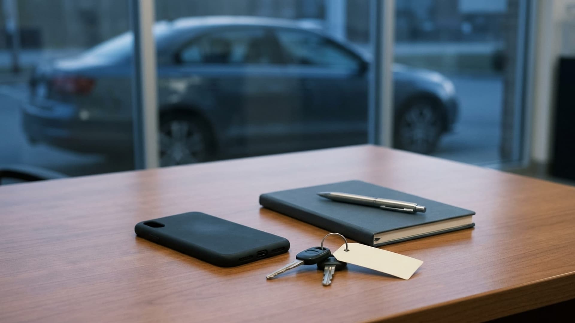 A wooden sales desk with a face-down phone, notebook, pen, and car keys with a paper tag before a dusk lot window.