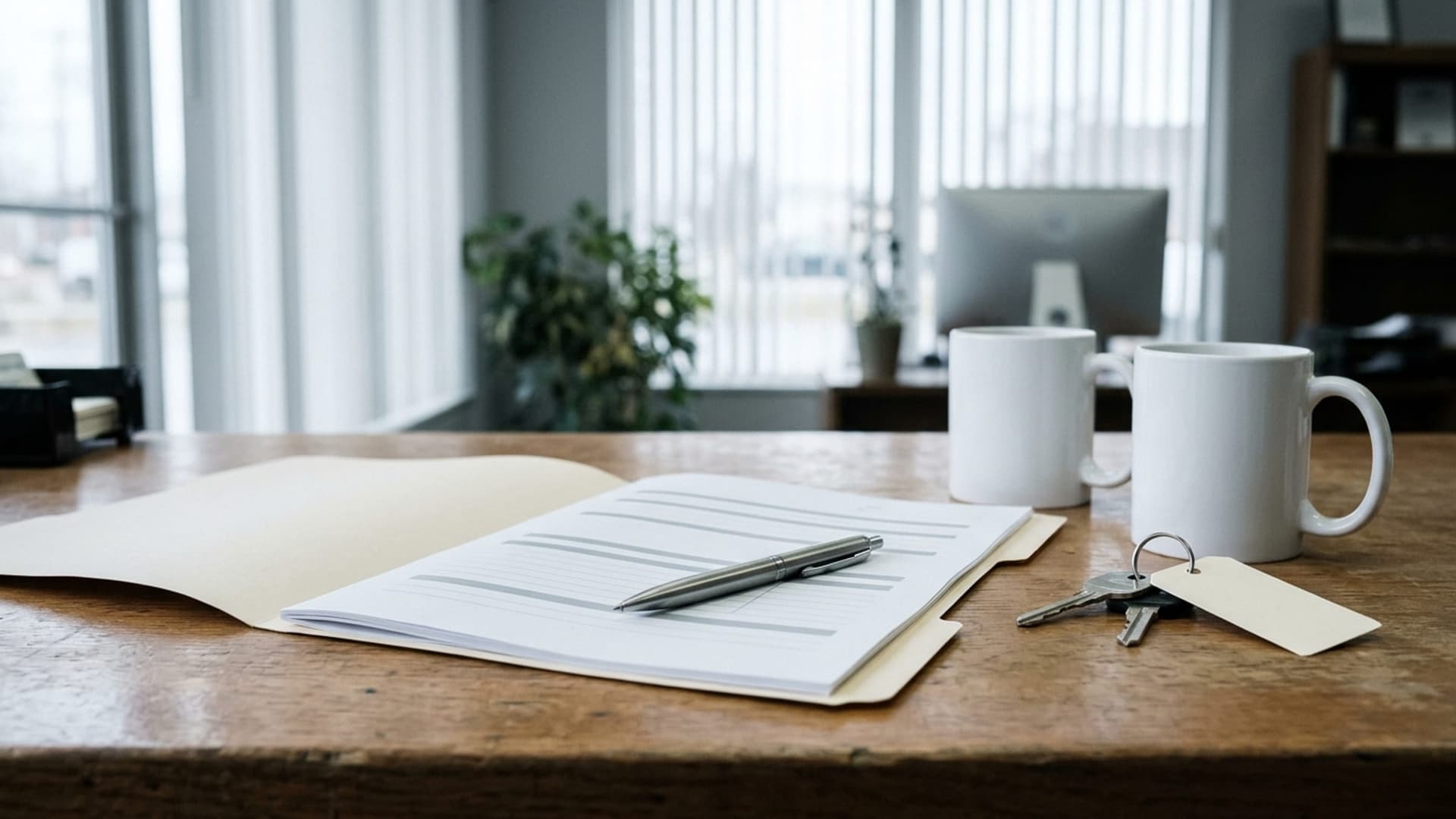 A wooden closing desk with an open manila folder, pen, two white coffee mugs, and car keys with a paper tag.