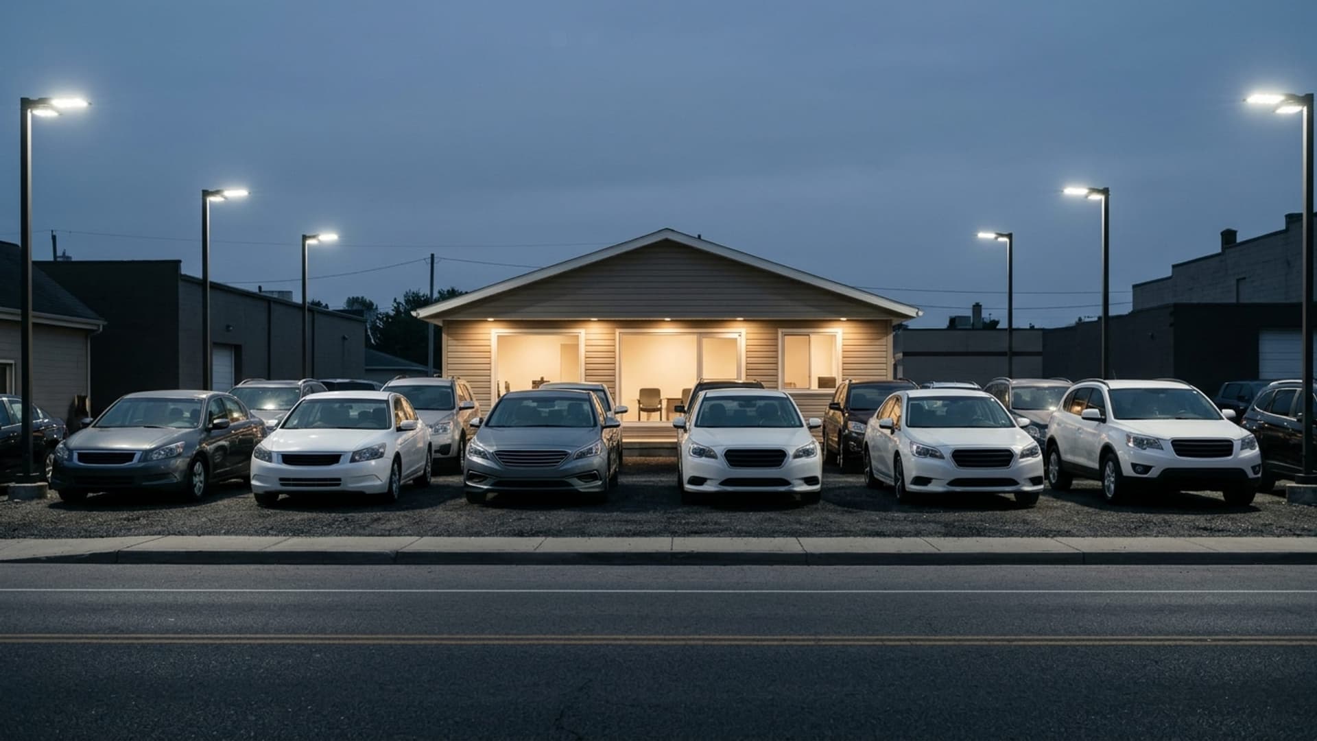 The front row of an independent dealership lot at dusk seen from across the street with a warmly lit office behind.