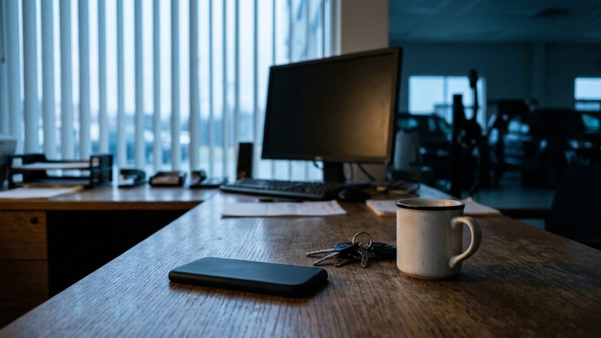 Dawn light through vertical blinds over a wooden desk with a phone, car keys, coffee mug, and desktop monitor.