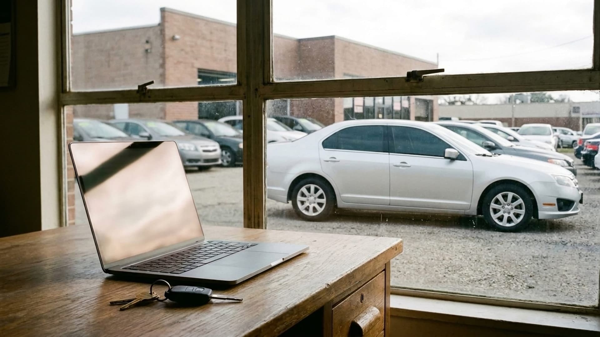 An open silver laptop and car keys on a wooden desk beside a window overlooking a silver sedan on the front row.