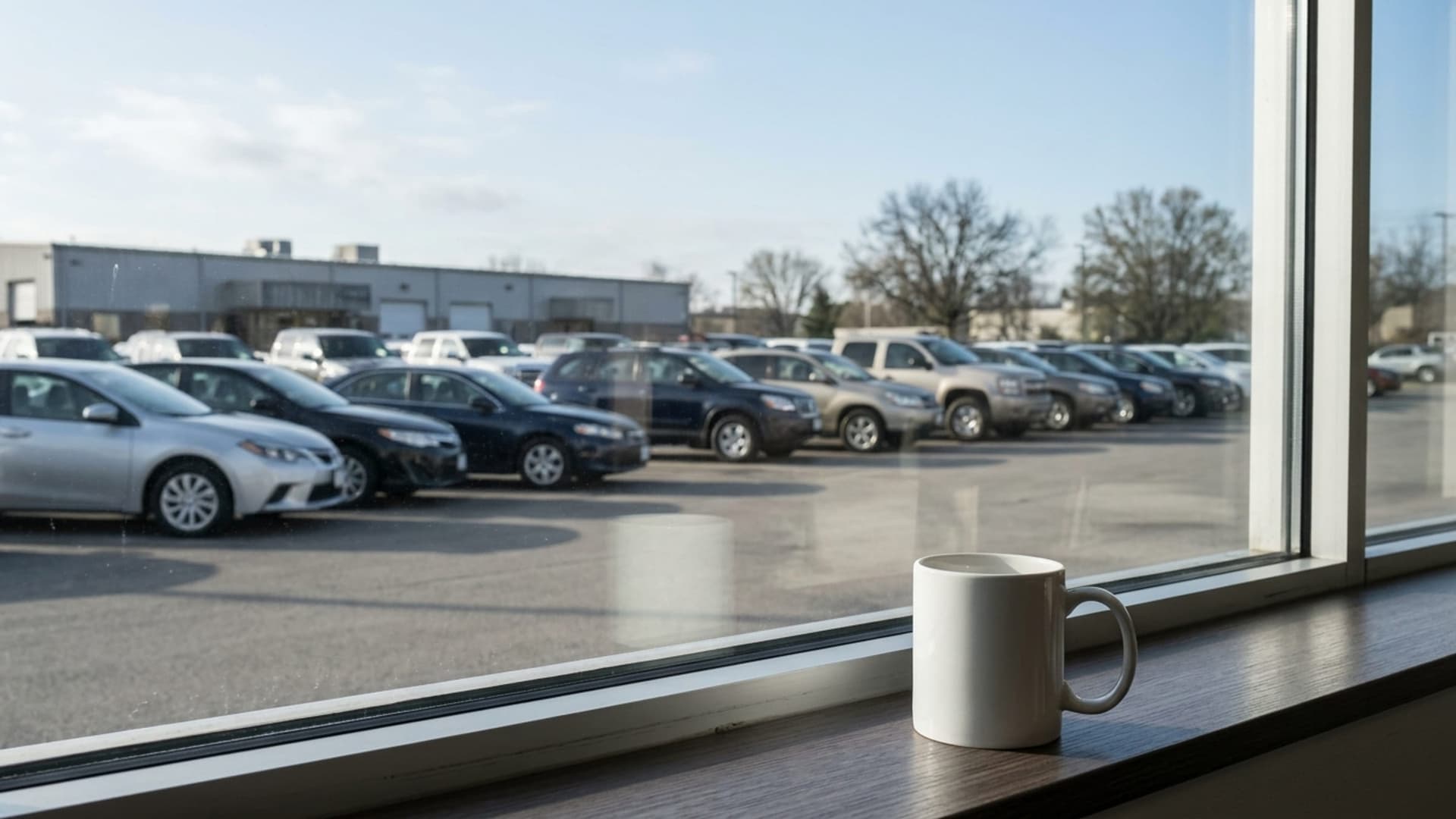 Morning view through a dealership office window over parked cars on the lot with a white coffee mug on the sill.